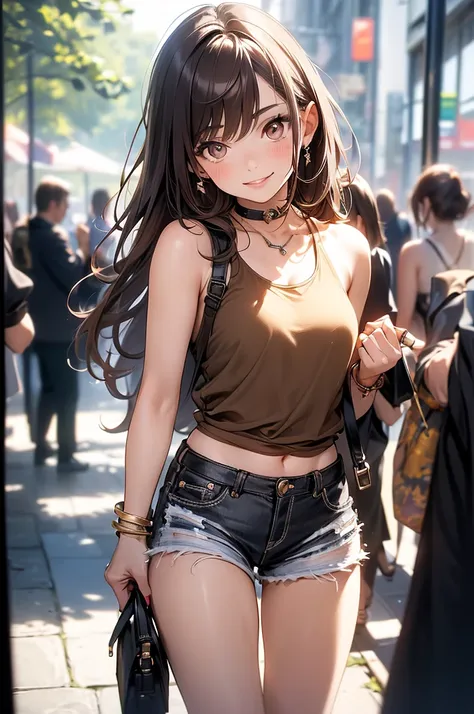 (masterpiece, best quality, ultra-detailed, highres, 4k),(beautiful detailed eyes),(very detailed face),(1girl),HDR,long hair, shorts, phone, brown eyes, brown hair, cellphone, bracelet, tank top, jewelry, watch, lips, solo focus, nail polish, blurry backg...