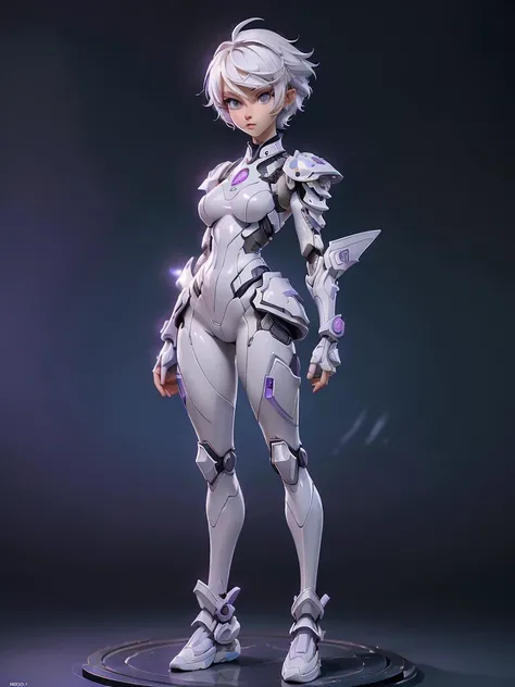 (((Best Quality))), (((Masterpiece))), (((Realistic))) slender, cute girl with short white hair and vibrant purple eyes. She wears a tight strong high-tech armor suit.(Extremely detailed:1.5),(stylish hair:1.2)(full body shot:1.5)