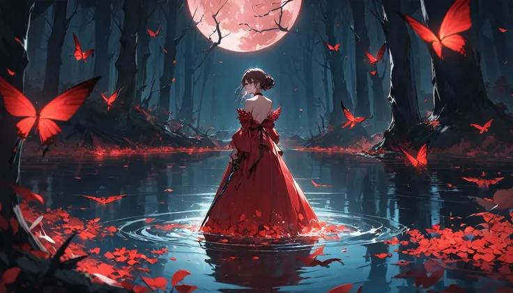 Attention to detail,Super Detail,Ultra-high resolution,A girl holding a sword is standing in the middle of a lake,A red full moon behind the girl,The moonlight on her back,The background is a red moon with a full moon in the middle,There are forests on bot...