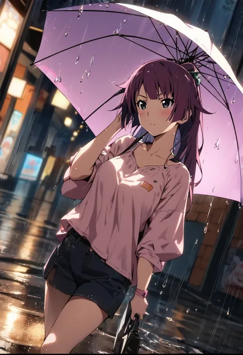 "1girl, senjougahara hitagi, monogatari (series), side lighting, hair ribbons, masterpiece, best quality, absurdres, Makoto Shinkai style, rainy day in bustling shopping district, neon reflections in puddles, holding transparent umbrella, casual weekend ou...