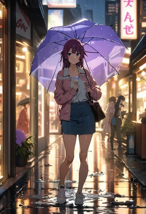 "1girl, senjougahara hitagi, monogatari (series), side lighting, hair ribbons, masterpiece, best quality, absurdres, Makoto Shinkai style, rainy day in bustling shopping district, neon reflections in puddles, holding transparent umbrella, casual weekend ou...