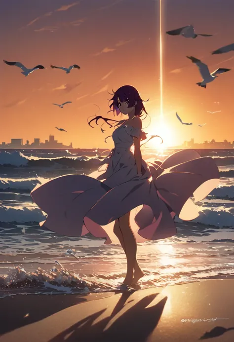 "1girl, senjougahara hitagi, monogatari (series), dramatic backlighting, flowing dress, masterpiece, best quality, absurdres, Makoto Shinkai style, sunset at beach near city, silhouette against orange sky, waves reflecting light, bare feet in sand, wind-sw...