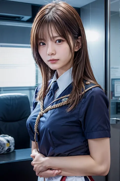 Five female bank employees were attacked and taken hostage by robbers、All their hands are tied behind their backs with rope、Are standing、wearing a bank uniform、Age 25、Beauty、Well-formed face、Medium、, Light brown hair, Straight hair, Swept-apart bangs, Surr...