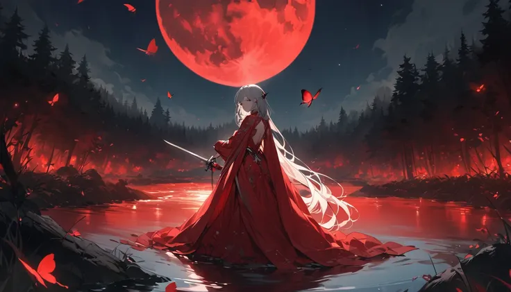 Attention to detail,Super Detail,Ultra-high resolution,A girl holding a sword stands in the middle of a river,A red full moon behind the girl,The moonlight on her back,The background is a red moon with a full moon in the middle,There are forests on both si...