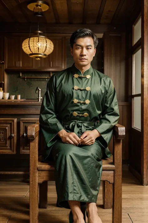 The men wear black-green-gold robes with traditional Chinese patterns. , Assessor , sitting in a wooden chair , There is a wooden table. , Looking at antiques ,   