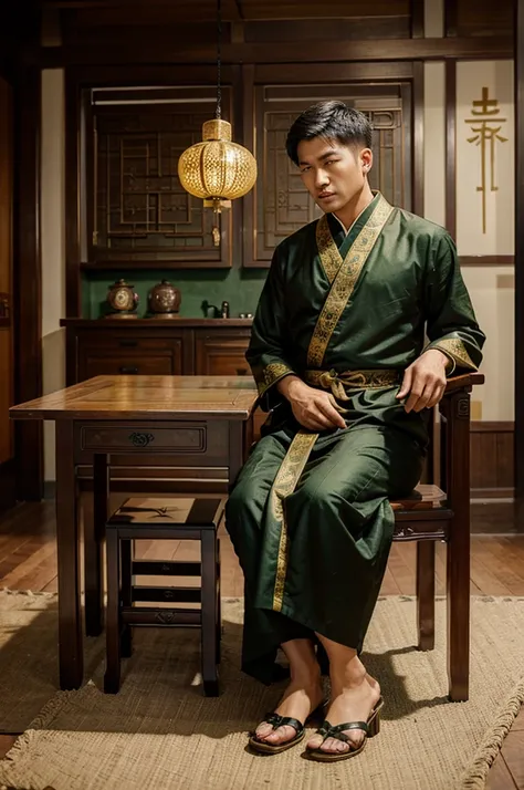 The men wear black-green-gold robes with traditional Chinese patterns. , Assessor , sitting in a wooden chair , There is a wooden table. , Looking at antiques ,   