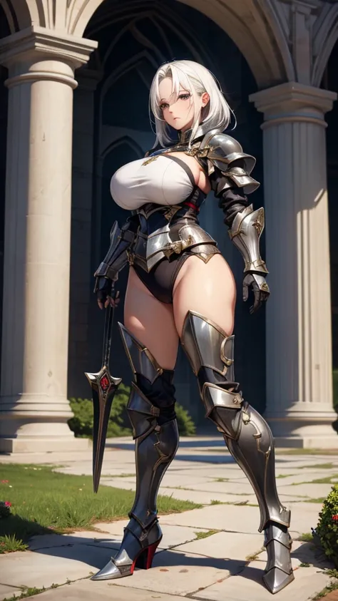 Adult woman with white hair and huge breasts，Queen，black knight armor，Bare Legs，iron boots，castle