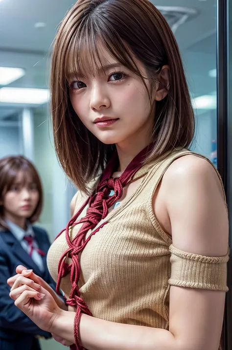 Five female bank employees were attacked and taken hostage by robbers、All their hands are tied behind their backs with rope、Are standing、wearing a bank uniform、Age 25、Beauty、Well-formed face、Medium、, Light brown hair, Straight hair, Swept-apart bangs, Surr...