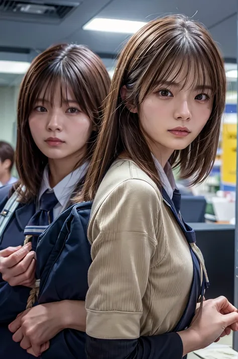 Five female bank employees were attacked and taken hostage by robbers、All their hands are tied behind their backs with rope、Are standing、wearing a bank uniform、Age 25、Beauty、Well-formed face、Medium、, Light brown hair, Straight hair, Swept-apart bangs, Surr...