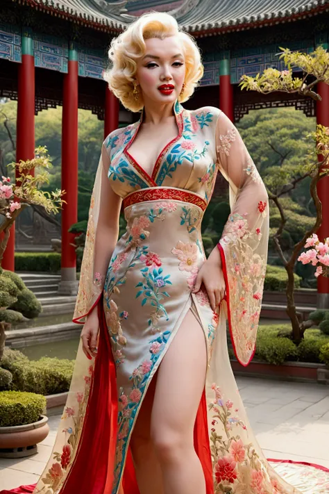 1 woman (Marilyn Monroe, age 25, intricate silk Chinese dress with lots of embroidery sheer with several large slits, no underwear, traditional hairstyle and Chinese makeup) wandering through a palace garden
