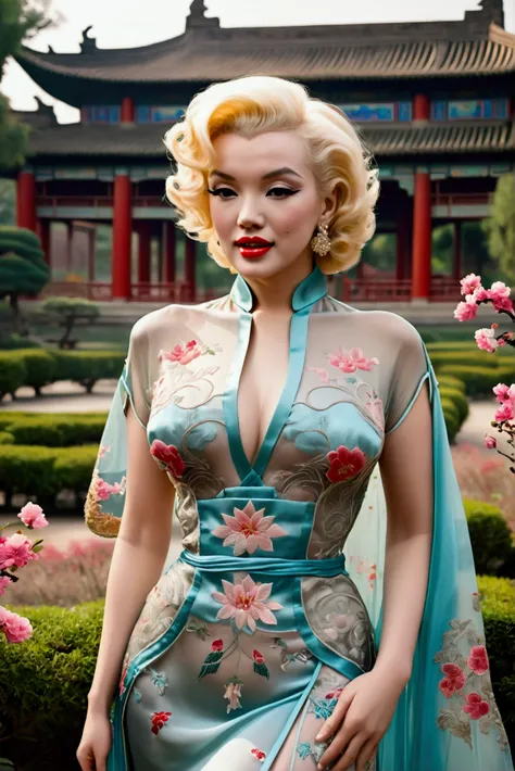 1 woman (Marilyn Monroe, age 25, intricate silk Chinese dress with lots of embroidery sheer with several large slits, no underwear, traditional hairstyle and Chinese makeup) wandering through a palace garden
