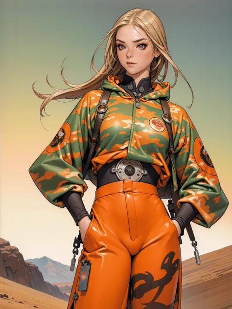 (best qualityer))), (((manga strokes))), (((blonde hair with red highlights))), (((wide-leg pants with desert camouflage print))), uma Kizi jovem muito bem vestida com roupas modernas de verão, paintball camouflage pattern pants, top with vertical stripes,...