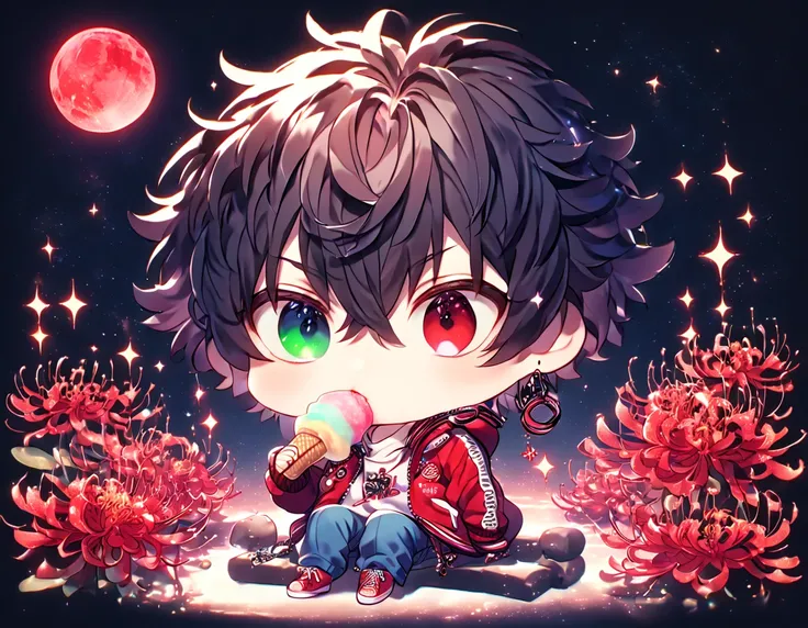 absurdres, highres, ultra detailed, HDR, master piece, best quality, extremely detailed, Yamada Ichiro chibi, chin length black hair, heterochromia, left eye is red, right eye is green, Hypnosis Mic, white hoodie with two zippers, red varsity jacket, red h...