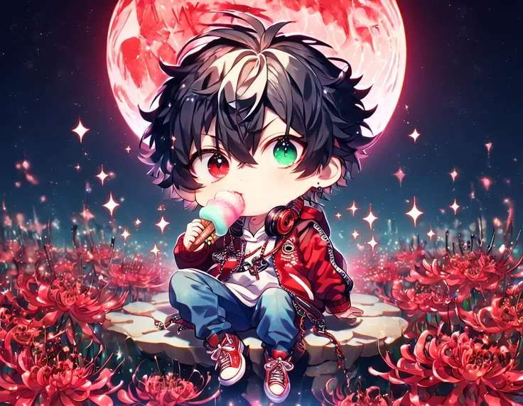 absurdres, highres, ultra detailed, HDR, master piece, best quality, extremely detailed, Yamada Ichiro chibi, chin length black hair, heterochromia, left eye is red, right eye is green, Hypnosis Mic, white hoodie with two zippers, red varsity jacket, red h...