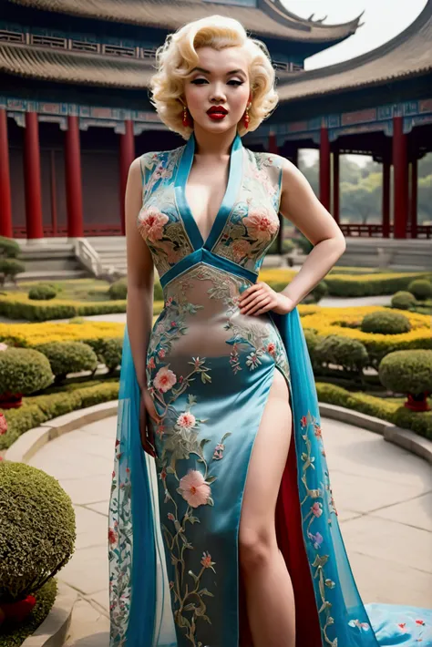 1 woman (Marilyn Monroe, age 25, intricate silk Chinese dress with lots of embroidery sheer with several large slits, no underwear, traditional hairstyle and Chinese makeup) wandering through a palace garden
