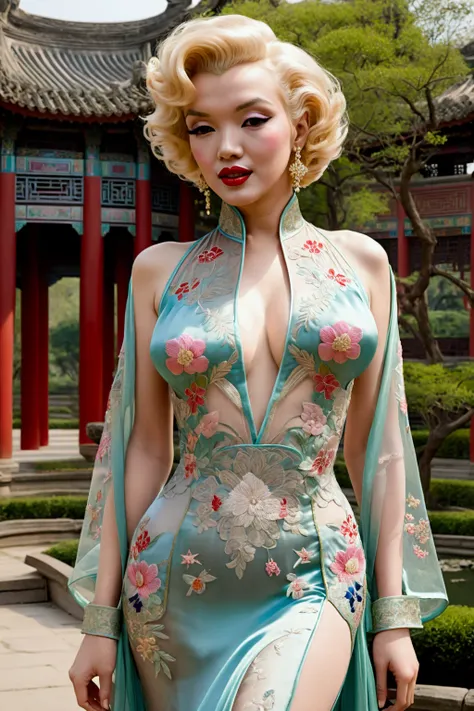 1 woman (Marilyn Monroe, age 25, intricate silk Chinese dress with lots of embroidery sheer with several large slits, no underwear, traditional hairstyle and Chinese makeup) wandering through a palace garden
