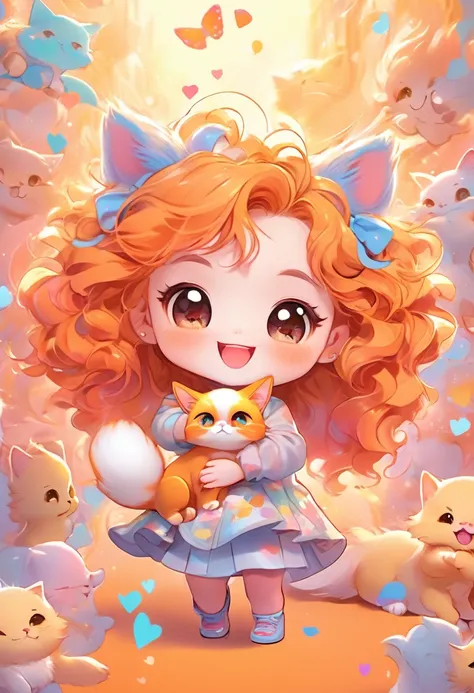 (chibi, big head, full body, super deformed), best quality, super fine, 16k, incredibly absurdres, extremely detailed, 2.5D, delicate and dynamic depiction, cute girl, smiling, orange messy wavy hair, ahoge, holding a cute fluffy cat in her arms, dancing n...