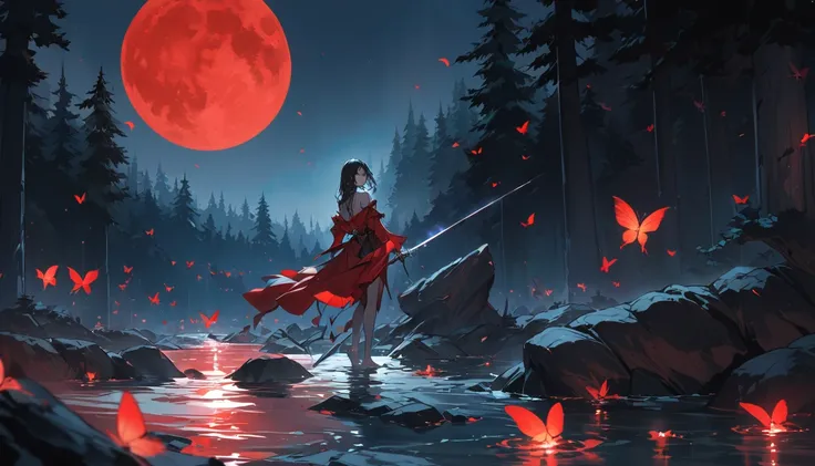 Attention to detail,Super Detail,Ultra-high resolution,A girl holding a sword stands on a stone in the middle of a river,A red full moon behind the girl,The moonlight on her back,The background is a red moon with a full moon in the middle,There are forests...