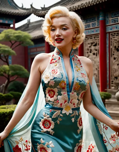 1 woman (Marilyn Monroe, age 25, intricate silk Chinese dress with lots of embroidery sheer with several large slits, no underwear, traditional hairstyle and Chinese makeup) wandering through a palace garden
