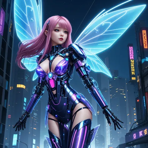 a beautiful cyber fairy, medium hair, Body cute, shiny wings transparent, wearing a futuristic cybernetic dress in a futuristic city