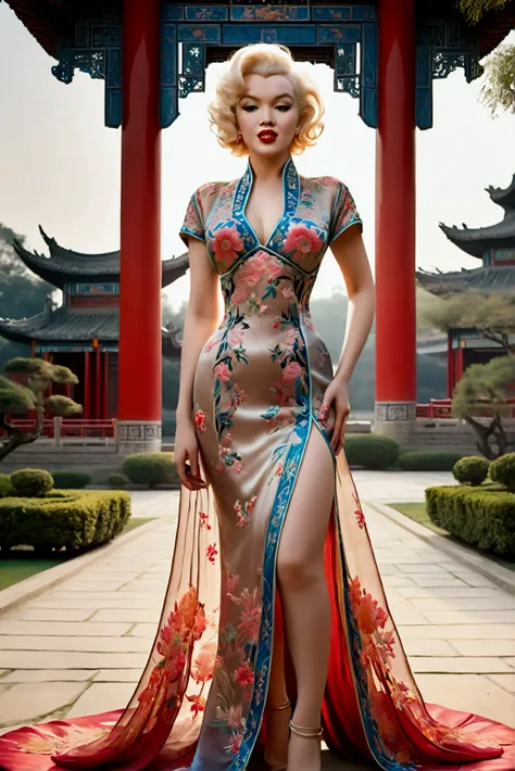 1 woman (Marilyn Monroe, age 25, intricate silk Chinese dress with lots of embroidery sheer with several large slits, no underwear, traditional hairstyle and Chinese makeup) wandering through a palace garden