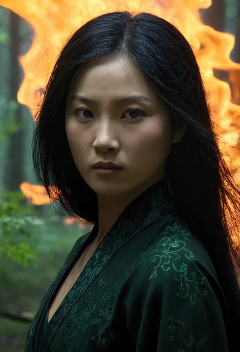 Imagine Moody、茂密的forest环境, A woman with firepower stood there, Her face is in shadow，Only the flickering flames she directs illuminate. Improved realism, Capturing the details of her determined expression in low light. forest, Shrouded in mist and dense fo...