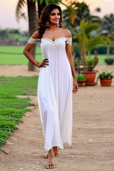 tall fair skinned Pakistani woman in skimpy off shoulder salwar kamiz showing off long shapely legs, prominent collarbone, barefoot, full shot