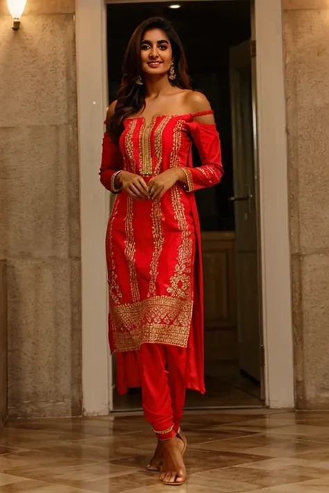 tall fair skinned Pakistani woman in skimpy off shoulder salwar kamiz showing off long shapely legs, prominent collarbone, barefoot, full shot