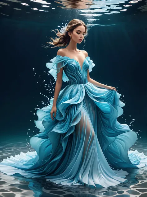 a girl，wearing a gorgeous outfit made of water，exquisite dress，elegant water dress，gorgeous and elegant，luxurious clothing，inspi...