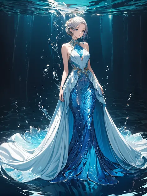 a girl，wearing a gorgeous outfit made of water，exquisite dress，elegant water dress，gorgeous and elegant，luxurious clothing，inspi...