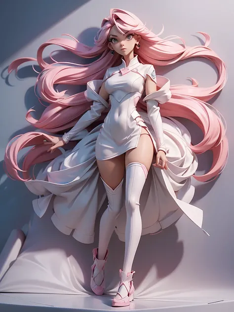 Design a layout showcase Gaming character, (1girl). Pink+white sleek clothes, stylish and unique, ((full_body_shot:1.4)))
