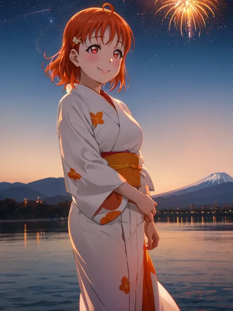 create an image of chika takami from love live! sunshine. she has orange hair, red eyes, and is wearing a white yukata. her hair...