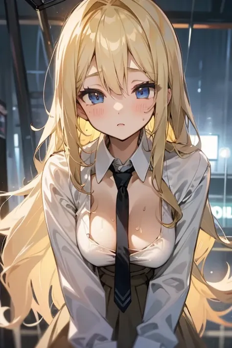 Blonde medium-long hair、beautiful girl、Big Breasts、high school girl、shirt、White Shirt、tie、rain