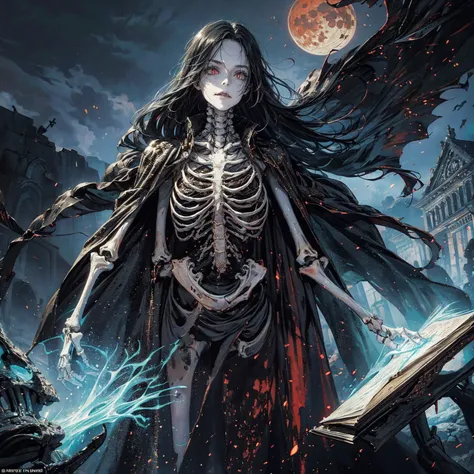 full-body shot, wide-angle lens, best quality, 4K, high resolution, masterpiece, Very detailed, Mood lighting, An undead girl in a long cape, Whole body including hands & arms & legs & feet are all skeleton bones but except the head is still beautiful huma...