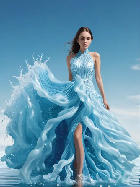 a girl，wearing a gorgeous outfit made of water，exquisite dress，elegant water dress，gorgeous and elegant，luxurious clothing，inspi...