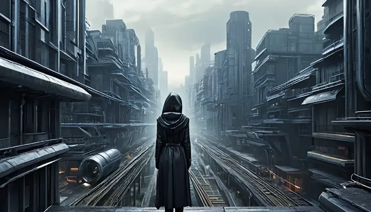 From the balcony of a futuristic building、Over-the-shoulder shot of a hooded girl turned away。, She is looking at aerial photographs of a future North American metropolis., From dark blue to black、View of the entire city with many dark colored metal buildi...