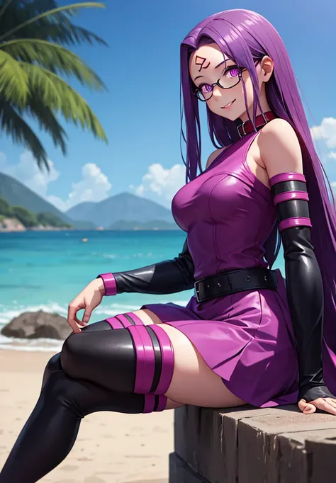 1girl, purple hair, absurdly long hair, forehead mark, purple eyes, animal collar, short dress, skirt, detached sleeves, arm belt, bracelet, thighhighs, sitting, from side, looking at viewer, smile, teeth, outdoors, ruins  score_9, score_8_up, score_7_up, ...