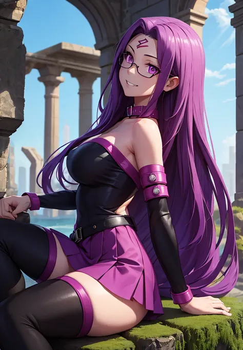 1girl, purple hair, absurdly long hair, forehead mark, purple eyes, animal collar, short dress, skirt, detached sleeves, arm belt, bracelet, thighhighs, sitting, from side, looking at viewer, smile, teeth, outdoors, ruins  score_9, score_8_up, score_7_up, ...