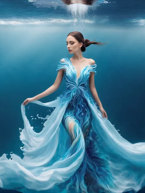 a girl，wearing a gorgeous outfit made of water，exquisite dress，elegant water dress，gorgeous and elegant，luxurious clothing，inspi...