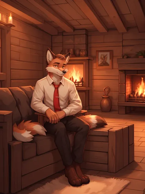 a serious-looking, anthropomorphic red fox with a furry body, wearing a black suit, white shirt, and red tie, with light brown e...