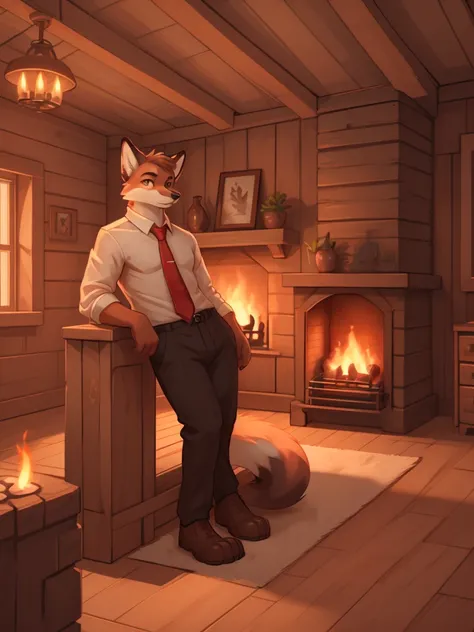 a serious-looking, anthropomorphic red fox with a furry body, wearing a black suit, white shirt, and red tie, with light brown e...