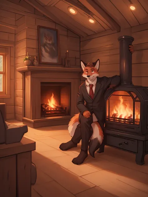 A serious-looking, anthropomorphic red fox with a furry body, wearing a black suit, white shirt, and red tie, with light brown eyes, in a relaxed pose, looking at the camera, in a wooden room with a fireplace, digital illustration