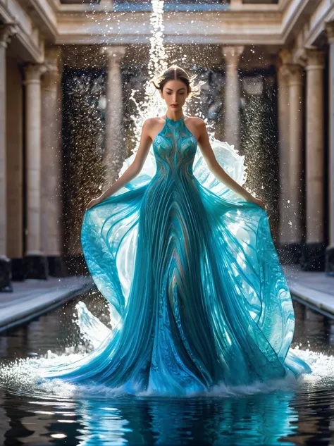 a girl，wearing a gorgeous outfit made of water，exquisite dress，elegant water dress，gorgeous and elegant，luxurious clothing，inspi...