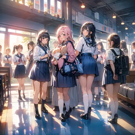 nswf:1.3,(masterpiece: 1.2, highest quality, masterpiece, Clearer images), (Bright colors), ((Take clear photos even from a distance)), (multiple girls), (harem), (School classmates), (((All school uniforms have the same design))), (((Everyone is wearing t...