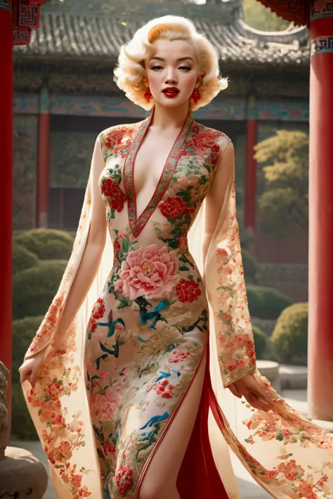 1 woman (Marilyn Monroe, age 25, intricate silk Chinese dress with lots of embroidery sheer with several large slits, no underwear, traditional hairstyle and Chinese makeup) wandering through a palace garden