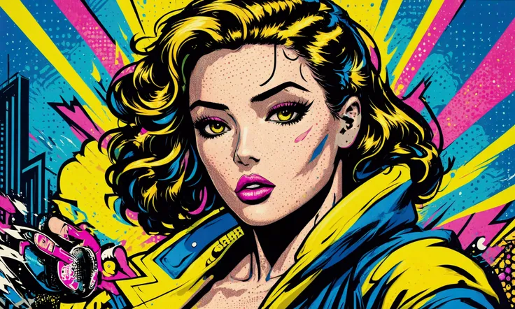 a portrait blending pop art, intricately detailed classic comic book illustrations, and graffiti style featuring a central woman...