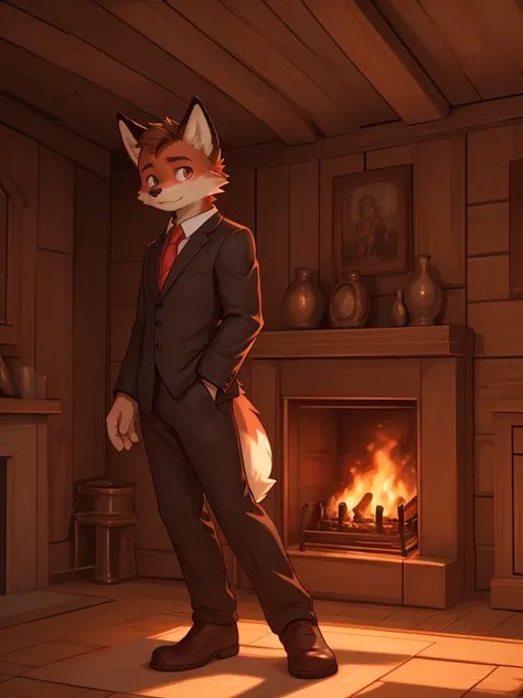 a young fox, spongy ass, with a serious expression, relaxed, with black suit, white shirt, red tie, light brown eyes, looking to...