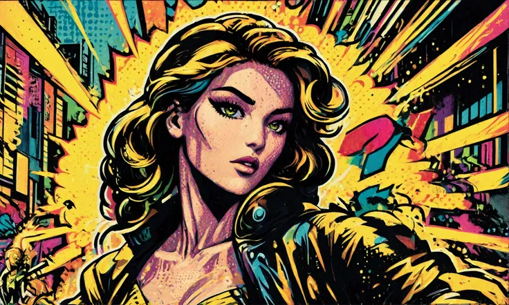 a portrait blending pop art, intricately detailed classic comic book illustrations, and graffiti style featuring a central woman...