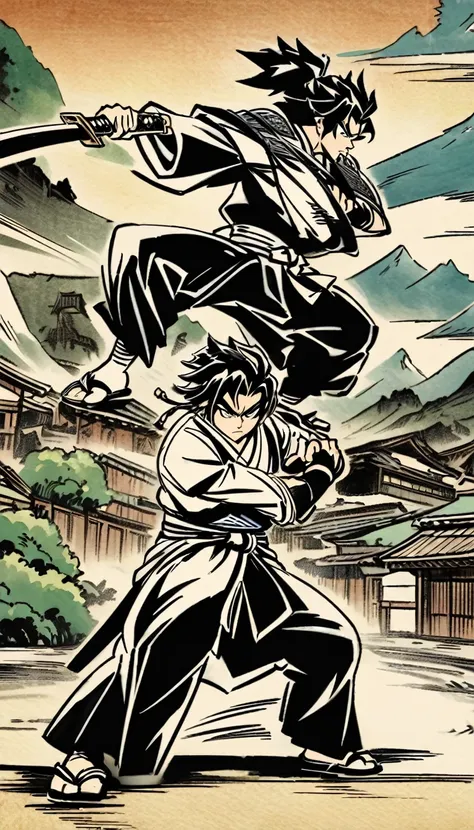 Young Date Masamune, holding a katana, aggressive stance, samurai clothing, village background, dynamic action pose, traditional art style"