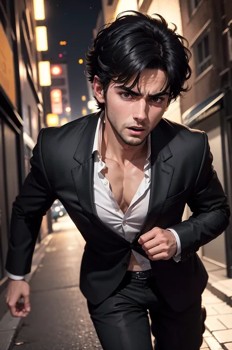 Realistic 8k image of a 25 year old man, short black hair, wearing a black blazer with a white blouse underneath, expression of fear, running in a narrow night alley, night scene